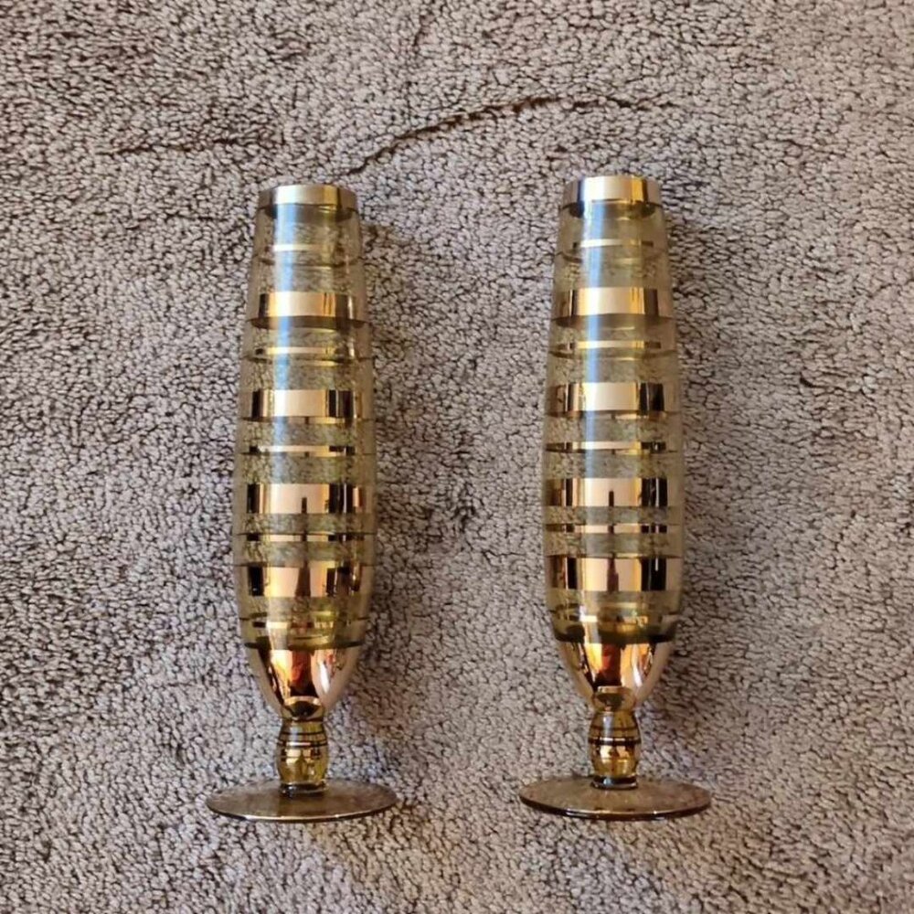 Vintage MCM Glass Gold Striped Footed Bud Vases Borske Sklo Eclectic Grandpa Ret